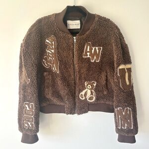 Azalea Wang Ruela Brown Teddy Varsity Bomber Jacket Fleece Sherpa Cropped